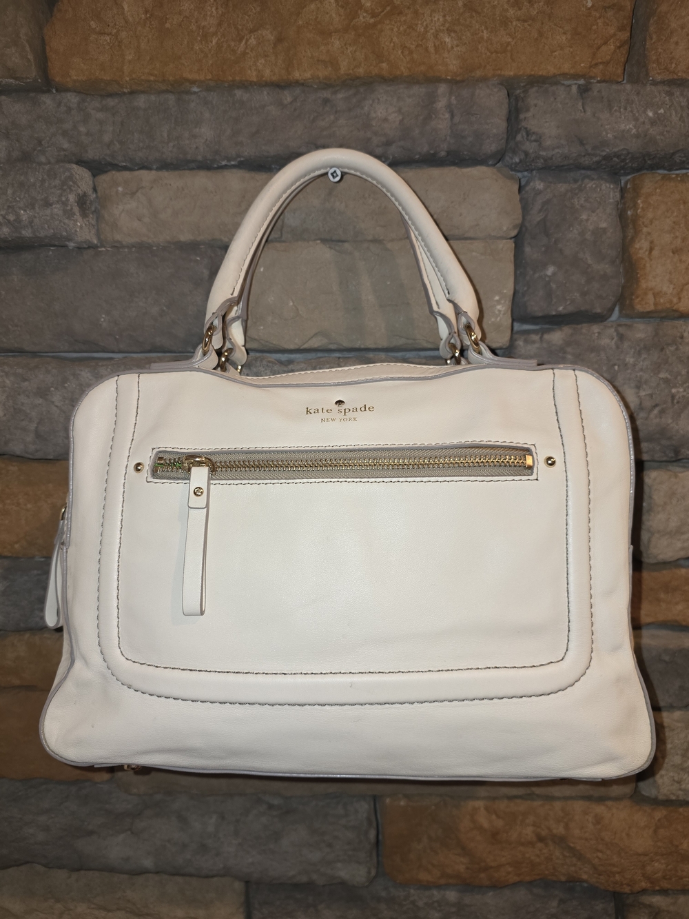 kate spade Cream Leather Satchel with Gold Hardware Green Storybook Lining *READ